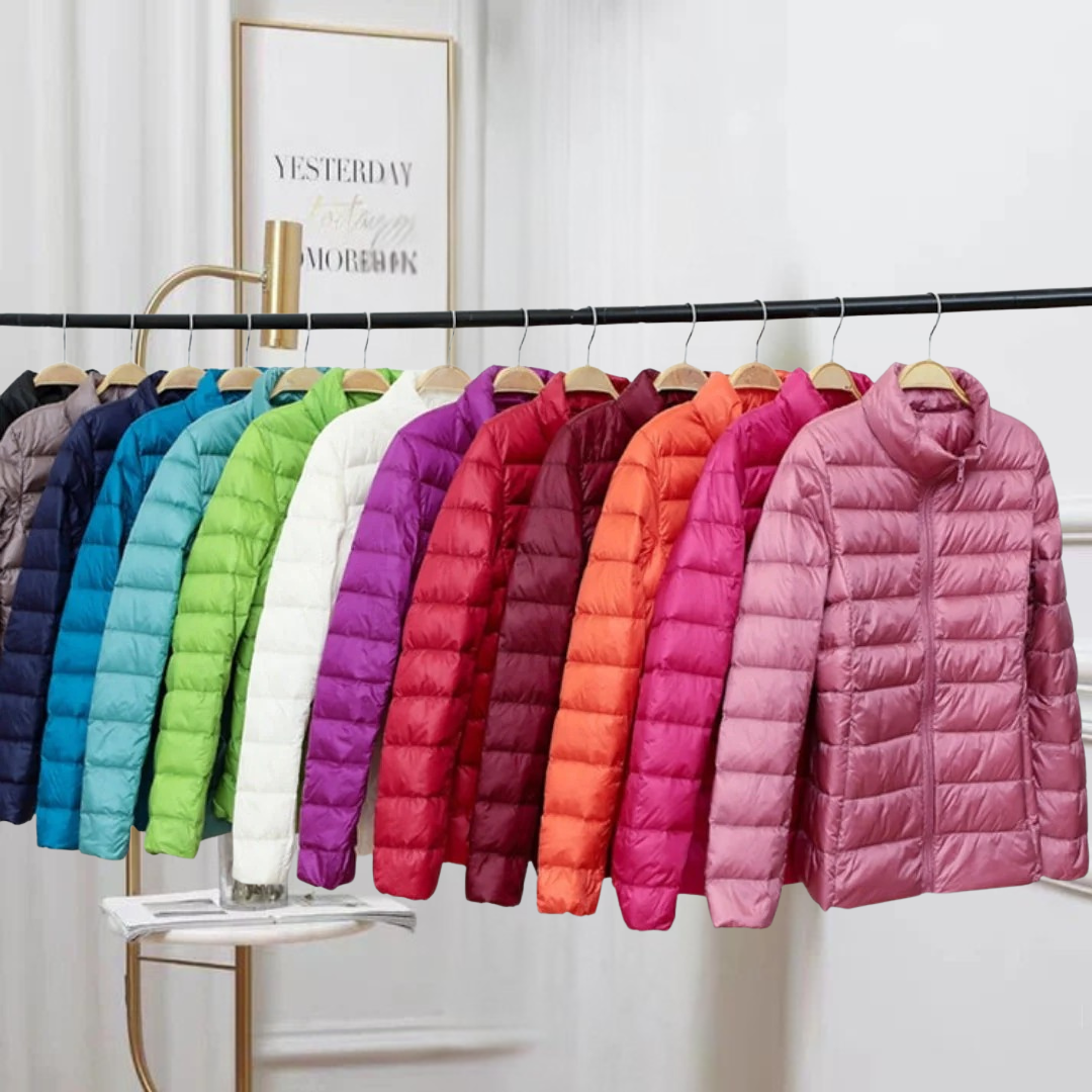 Elin - Nauja ultralengva striukė su baltomis anties plunksnomis