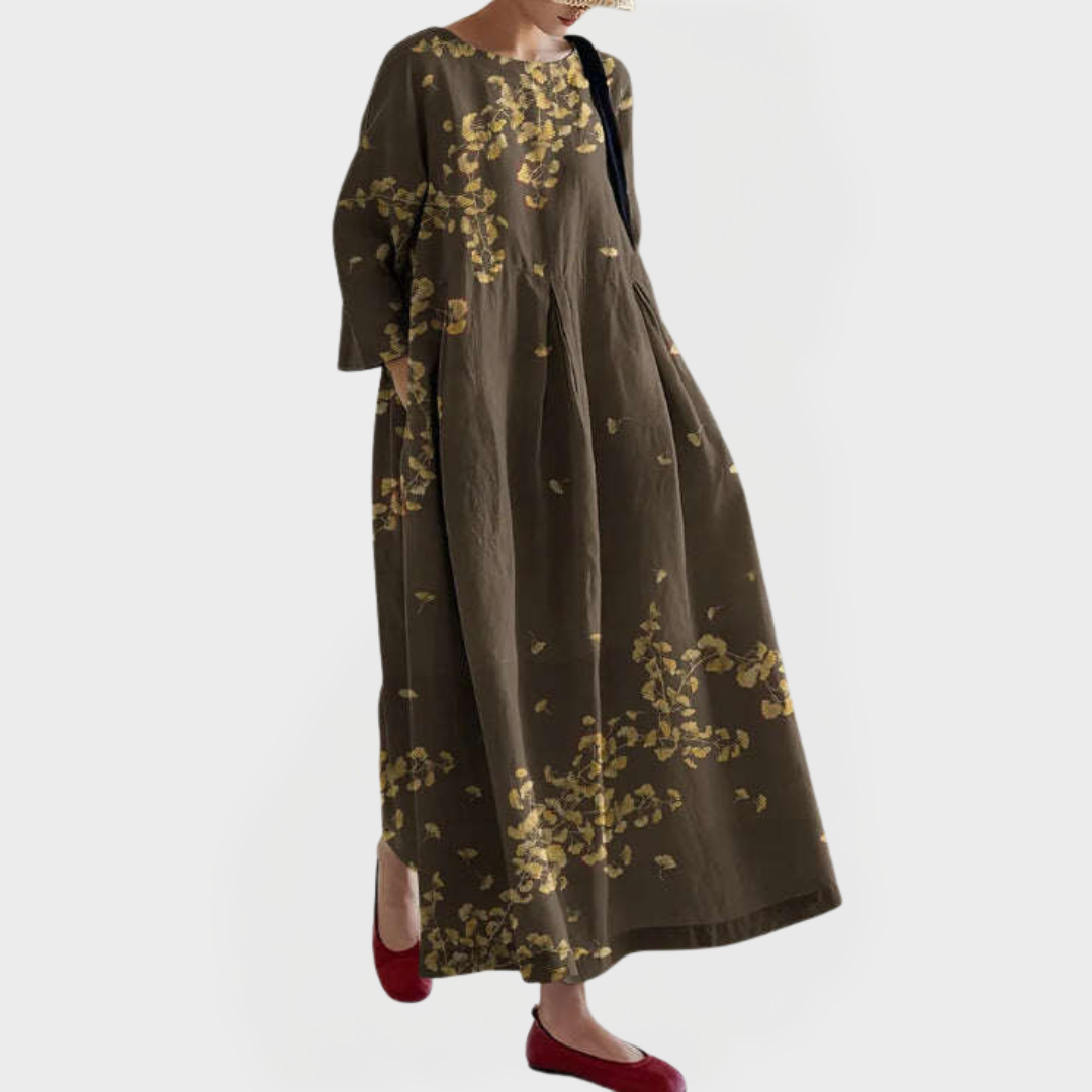 Elegantiška Maxi Suknelė iš Lino su Išsiuvinėta Gėlių Nėriniu