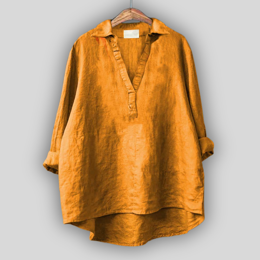 Eglė™ - Balta lino palaidinė su V formos iškirpte