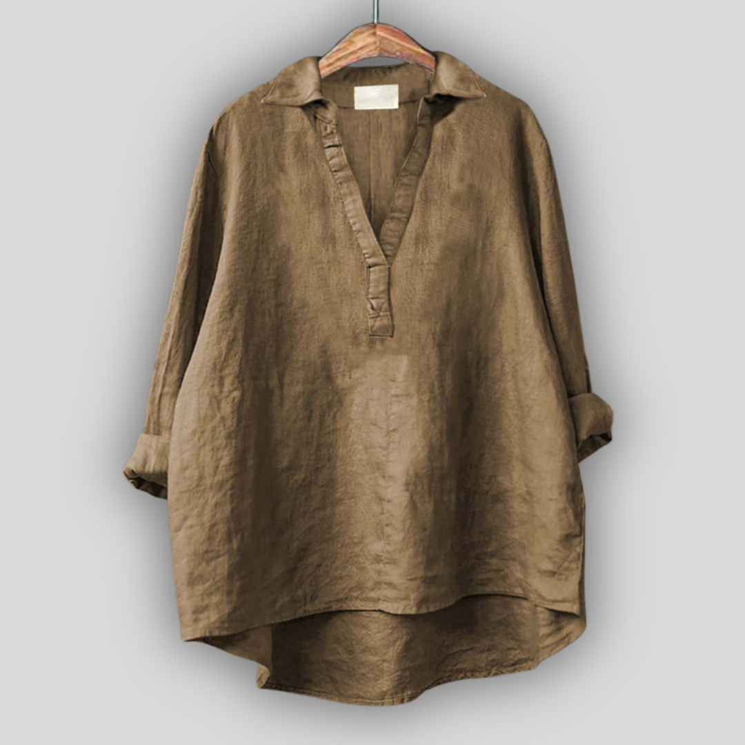 Eglė™ - Balta lino palaidinė su V formos iškirpte