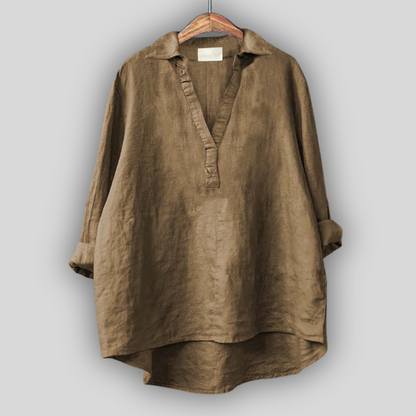 Eglė™ - Balta lino palaidinė su V formos iškirpte