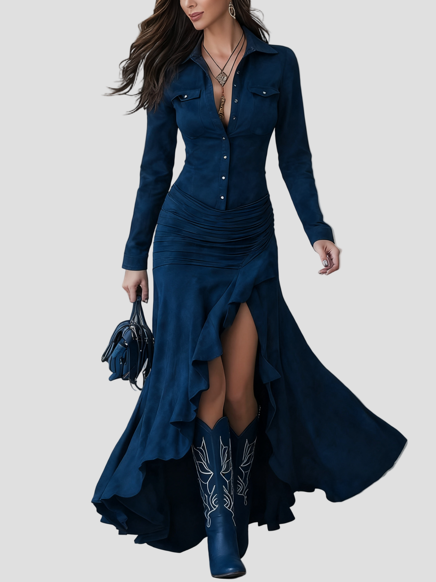 Isabeau - Maxi suknelė su asimetrinėmis raukiniais