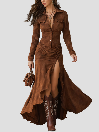 Isabeau - Maxi suknelė su asimetrinėmis raukiniais