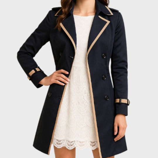Prabanga | Moteriškas dvieilis trenčinis paltas su kontrastinėmis detalėmis